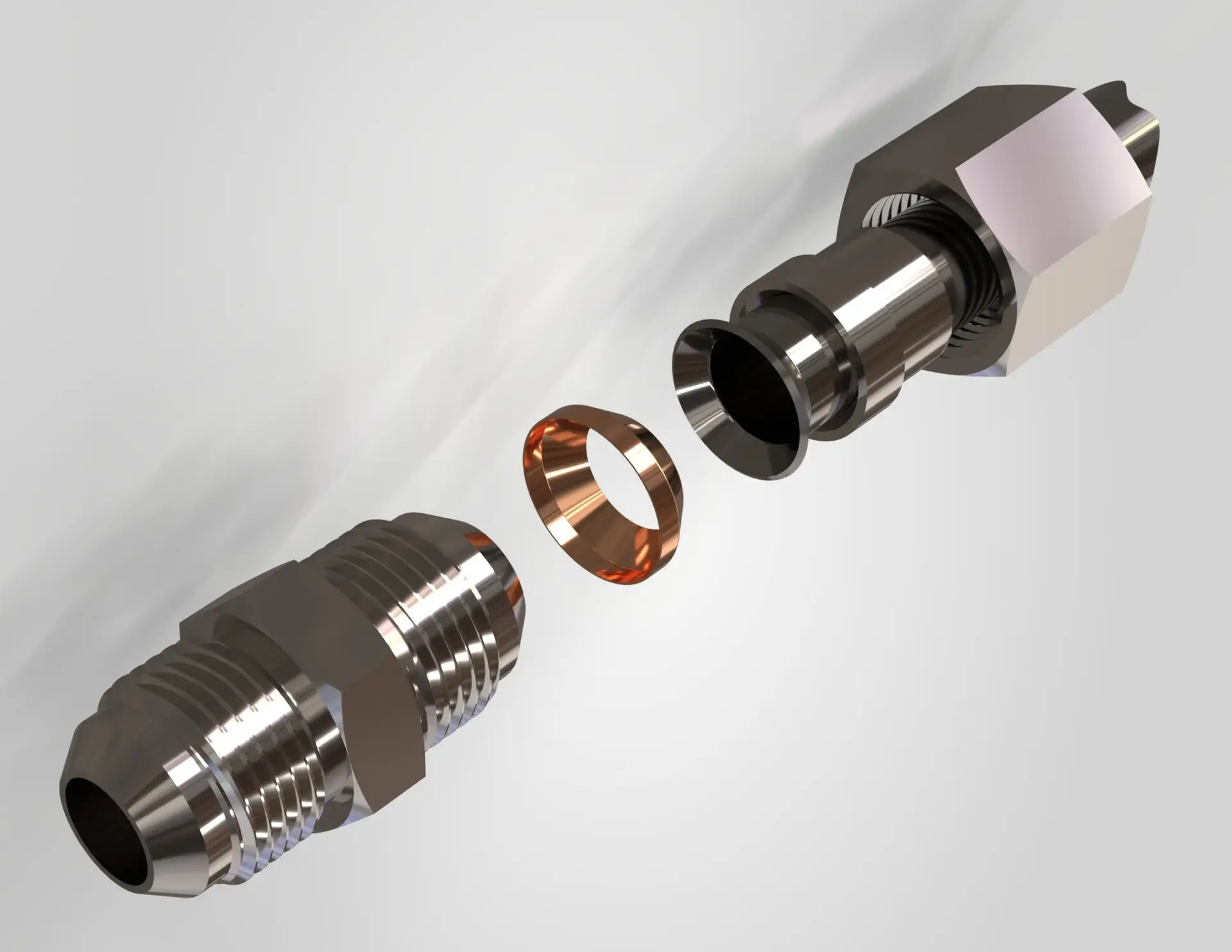 Exploded view of a 37° stainless steel flared tube fitting assembly with a SECO7 copper conical seal installed between the fitting and tube flare.